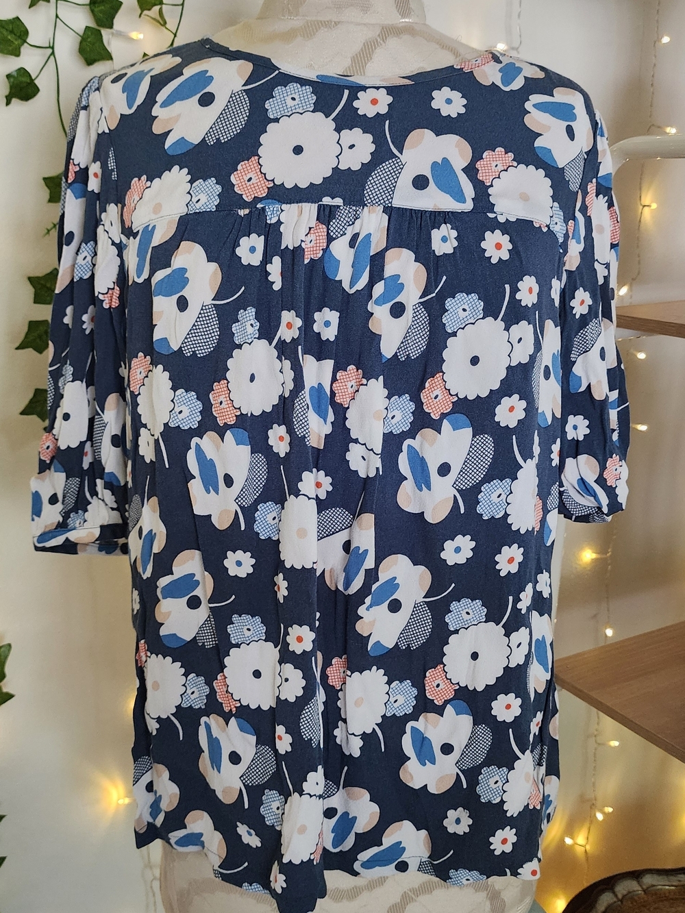 Boden Navy Floral Print Blouse with Blue & Cream Accents